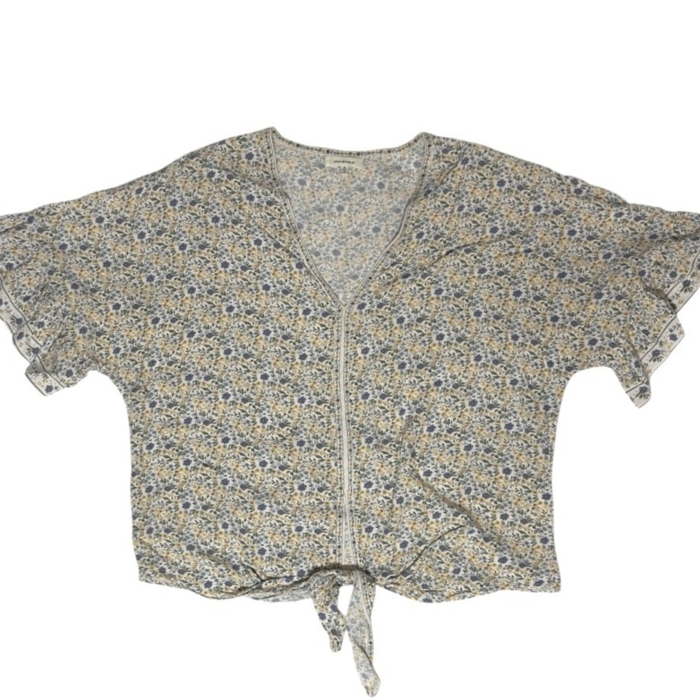 Max Studio Blouse Ruffle‎ Sleeve Tie Front Crop Cottagecore Blue Yellow Floral M